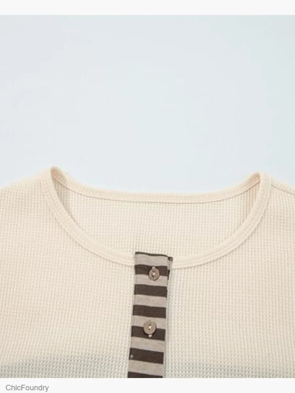 Long Sleeve Henley Waffle Knit Top Patchwork Sweatshirt Relaxed Fit - Picture 4 of 7
